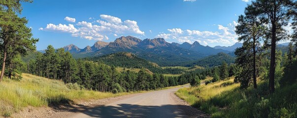 Fototapeta premium Road with a distant view of mountains, pine trees framing the scene, majestic and vast