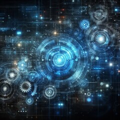 Obraz premium Abstract blue digital technology background with gears and cogs, dark color palette 