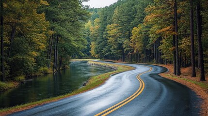 Scenic drive through pine forest with a river running parallel, nature s harmony