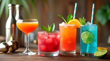 Colorful summer cocktails. Cold alcoholic beverages and drinks: mimosa, cosmopolitan, raspberry margarita and blue hawaii on wooden table background with bar tools
