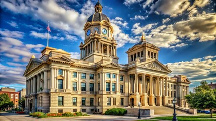 Fototapeta premium A stately courthouse building stands proud with columns and clock tower, symbolizing justice and order in a bustling urban municipal setting.