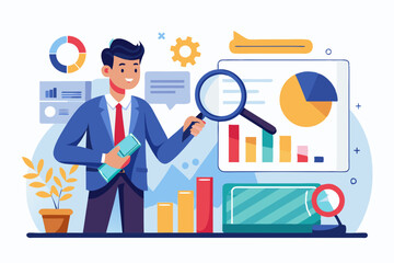 Data analysis chart and report, financial research or analyze information for marketing insight, analytics or optimization diagram, smart information, businessman analyze data with magnifying glass.
