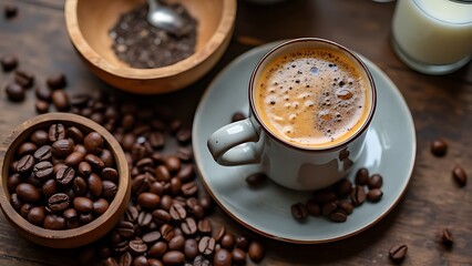 Top view of coffee in cup on saucer near scattered roasted beans, wooden bowl and milk jug