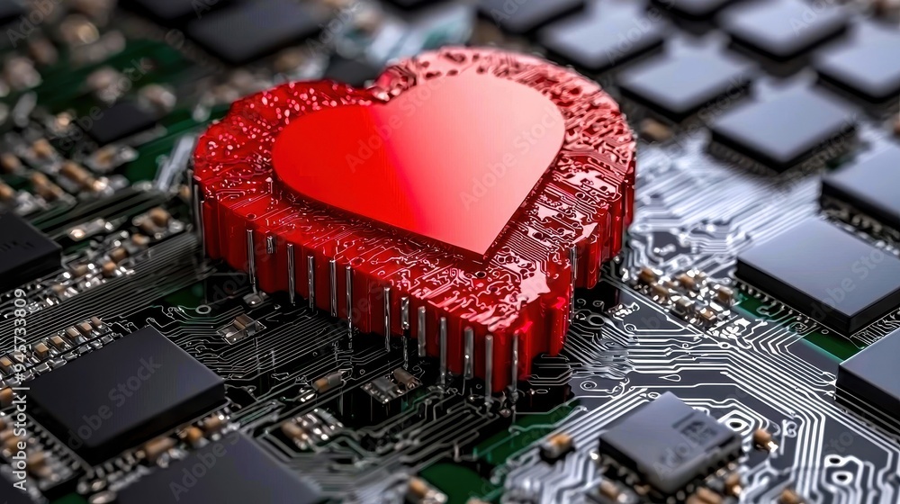 Poster a red heart shape displayed on a circuit board, symbolizing technology and affection in the digital 
