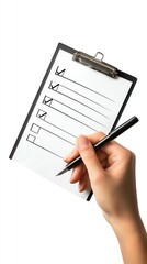 A hand holding a clipboard with checklist items being marked, symbolizing tasks, organization, and productivity.