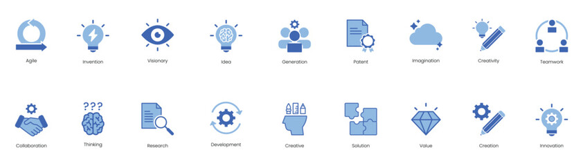 Agile, Invention, Innovation, Visionary, Idea, Generation, Patent, Imagination, Creativity, Teamwork, Collaboration, Thinking, Research, Development, Creative, Solution, Value, Creation Vector Icons