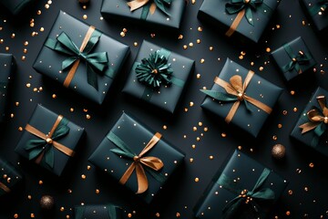 Elegant black gift boxes adorned with shimmering gold and green ribbons, surrounded by sparkling...