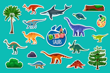 Obraz premium Prehistoric dinosaur stickers vector set. Adorable cartoon dino creatures, carnivore, omnivore and herbivore ancient reptiles, aquatic and terrestrial species and plants like palm trees or fallen logs