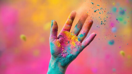 A hand covered in colorful powder, as part of a Holi festival celebration