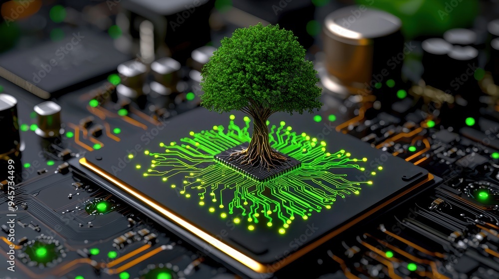 Poster a vibrant tree grows on a microchip, symbolizing the connection between technology and nature in a d