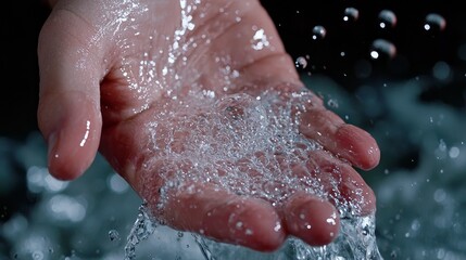 Fototapeta premium A hand cupping a stream of water, with droplets spilling over the edges