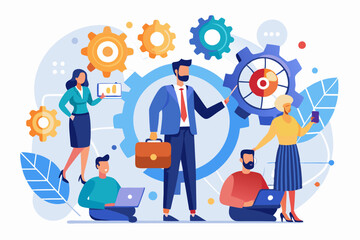 Roles and responsibilities, teamwork or resource management, work delegation, role definition or supervision, job position or organization concept, business man on gear cogwheels work with employees
