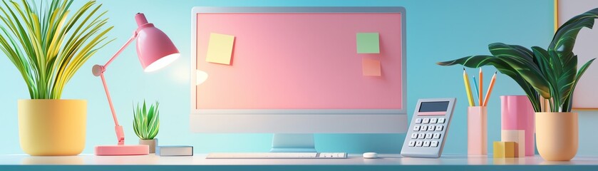 A vibrant workspace featuring a computer, desk lamp, plants, and colorful decor, perfect for inspiration and productivity.