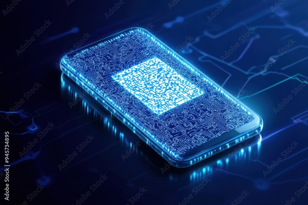 Poster futuristic smartphone displaying a glowing qr code on a dark, circuit-inspired background, symbolizi