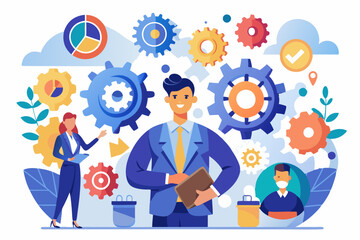 Roles and responsibilities, teamwork or resource management, work delegation, role definition or supervision, job position or organization concept, business man on gear cogwheels work with employees

