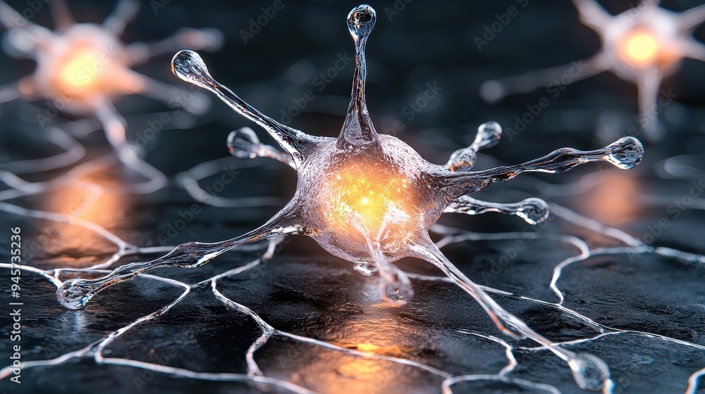 Poster a close-up view of glowing biological cells showcasing intricate structures and vibrant light effect