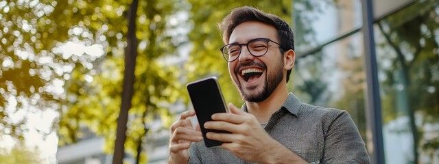 Fototapeta premium A happy man in casual looking at his phone and celebrating a victory, with an office building in the background