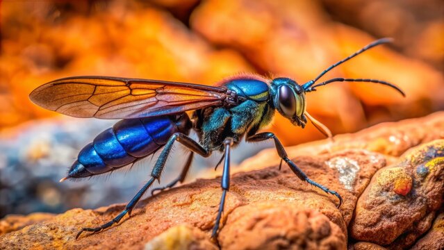A tarantula hawk wasp, known for its fearsome stinger, perches on a rust-colored rock, its iridescent blue body glistening in the warm desert sunlight.