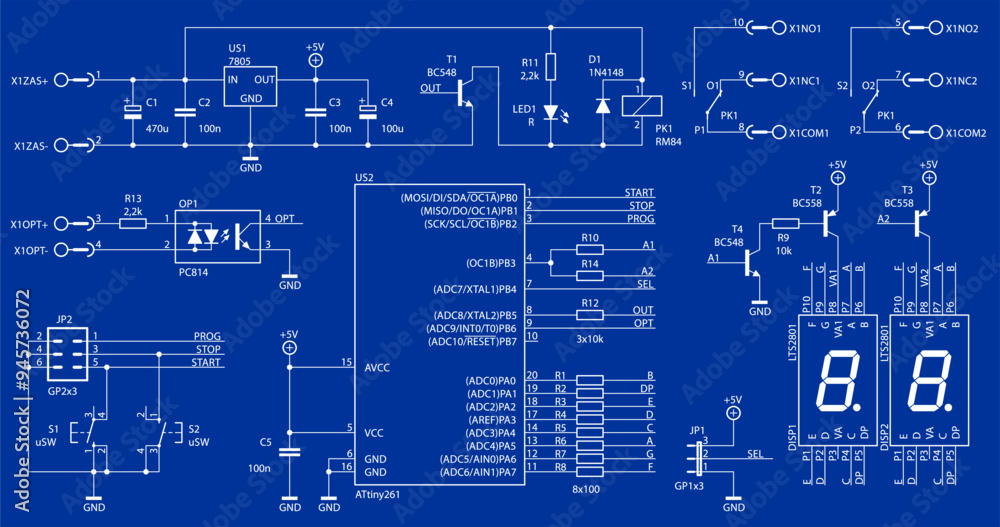 Poster schematic diagram of electronic device. vector drawing electrical circuit with led, microcontroller,