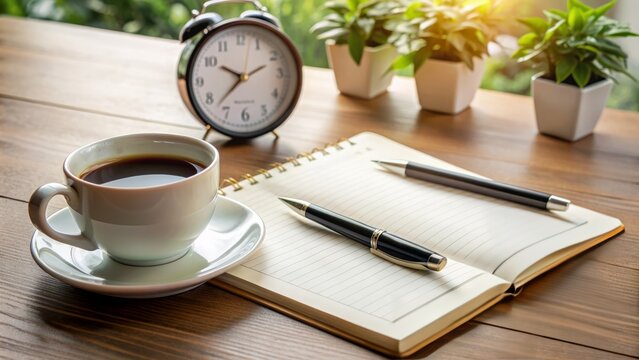 A tidy desk with a opened planner, pen, and a cup of coffee, with a clock in the background, conveying a sense of organized scheduling.