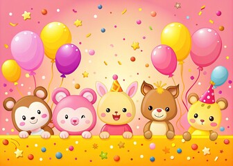 Vibrant pink and yellow animated banner featuring adorable cartoon animals, balloons, and confetti, perfect for celebrating special occasions and joyful announcements.