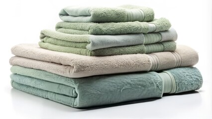 A tidy stack of soft, plush terry towels in various sizes and folds, arranged against a clean white background with a few subtle wrinkles.