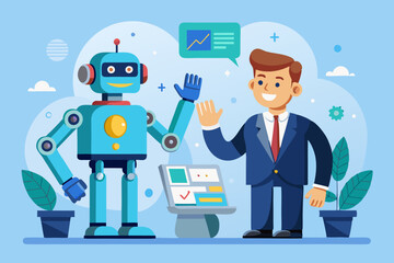Working together with AI Artificial Intelligence, human cooperate with machine or robot, AI help or support coworker, assistance or partnership concept, businessman hand high five with robot hand. 
