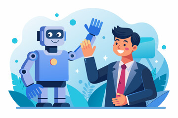 Working together with AI Artificial Intelligence, human cooperate with machine or robot, AI help or support coworker, assistance or partnership concept, businessman hand high five with robot hand. 
