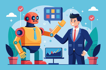 Working together with AI Artificial Intelligence, human cooperate with machine or robot, AI help or support coworker, assistance or partnership concept, businessman hand high five with robot hand. 
