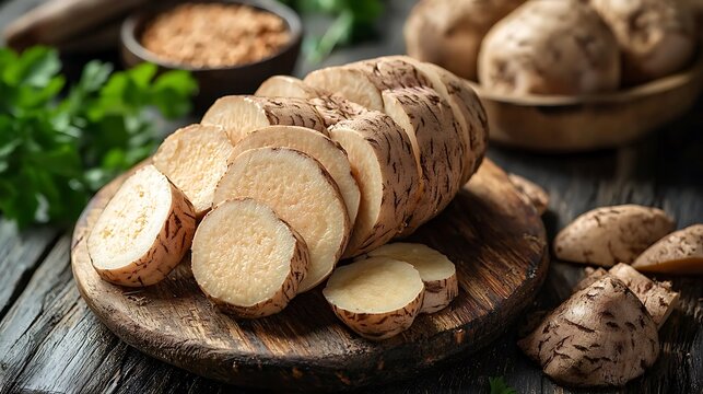 Sliced yacon root neatly arranged on a wooden cutting board, invitingly fresh.