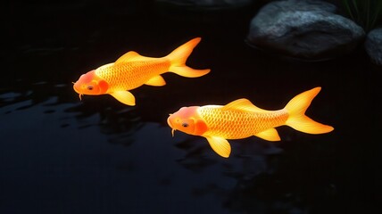 Glowing koi fish swimming in a dark pond, creating an ethereal and peaceful scene, aquatic glowtime, tranquil and beautiful
