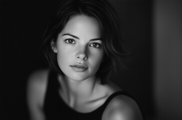Fototapeta premium Black and White Close-Up Portrait of a Young Woman with Soft Expression 