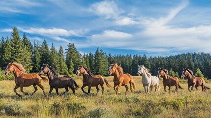 Horse herd running in pasture against beautiful blue sky in Paulina Oregon