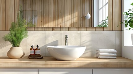 Fototapeta premium Bathroom interior showcasing a sink basin, faucet, and mirror with a modern design