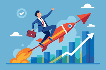 Business growth, investment profit increase, growing fast or improvement sales and revenue, progress or development concept, businessman riding rocket on growth bar graph or rising up revenue chart. 
