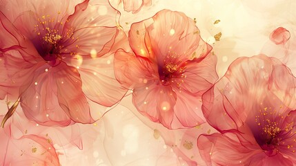 Fototapeta premium Watercolor vector background featuring spring flowers. Elegant wallpaper design with pink blooms, line art, and golden textures. Refined gold floral illustration ideal for fabrics, prints, and covers.