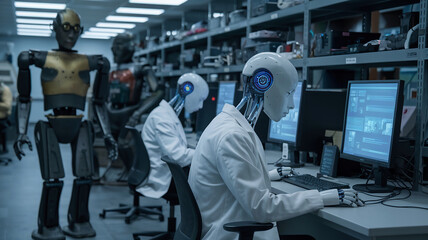 A cinematic shot of couple of robots with an AI nervous system and old generation robots in cumputer lab
