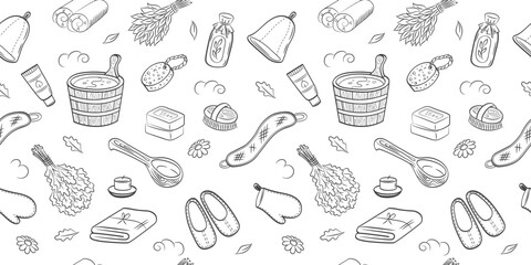 Sauna accessories sketch vector background. Doodle sauna pattern on white background. Hand drawn spa elements collection.