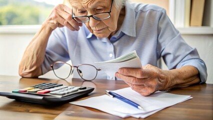 A worn, elderly hand grasping a pile of overdue bills and credit card statements, with a calculator and reading glasses nearby, conveying financial struggle.