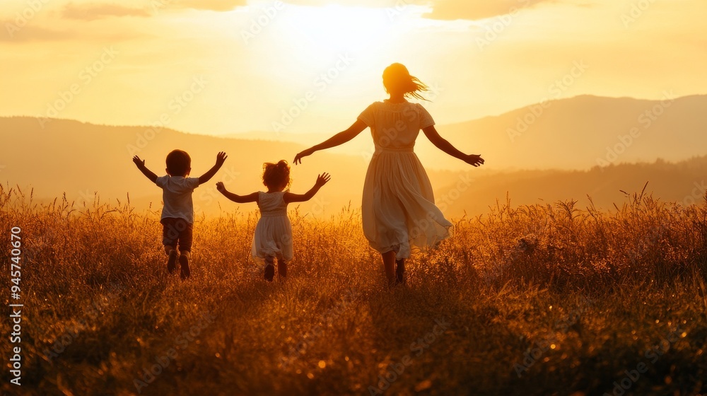 Wall mural a group of children run across the grass at sunset at a sun silhouette. childhood dream concept. chi