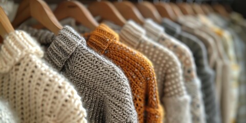 Warm knitted sweaters in the store close-up