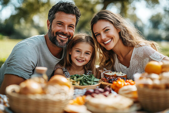 cheerful family father, mother and daughter enjoying picnic at sunny park background Labor Day USA
