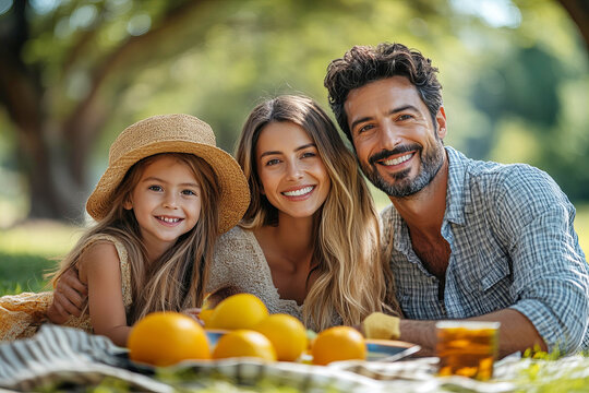 cheerful family father, mother and daughter enjoying picnic at sunny park background Labor Day USA