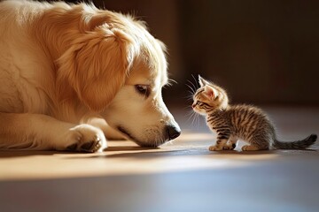 A Heartwarming Moment Between a Dog and Cat at Play, Puppy And Kitten, Dog and Cat Playing Together , ai