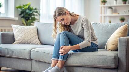 A young adult woman sits on a couch, clutching her leg in agony, her face contorted in discomfort and distress from sudden sharp pain.