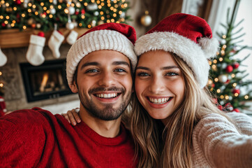 Young happy couple wearing  Santa hats taking selfie together at the time of Christmas with...