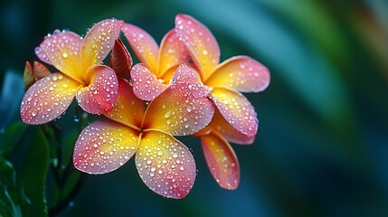 Fototapeta premium A close-up of vibrant pink and yellow flowers adorned with water droplets.