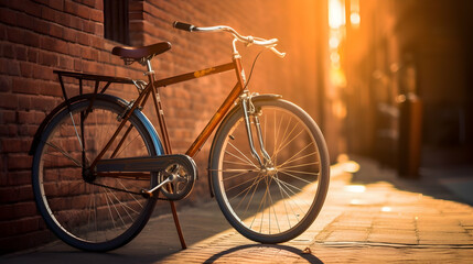 Obraz premium Backlit vintage bicycle leaning against a brick wall