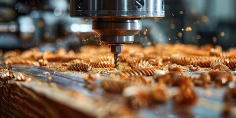 CNC Router Cutting Wood with Sawdust Flying, woodworking, wood carving