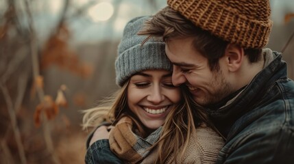 Fototapeta premium Embracing fresh air and engaging in outdoor activities. Loving young couple hugging and smiling together on nature background